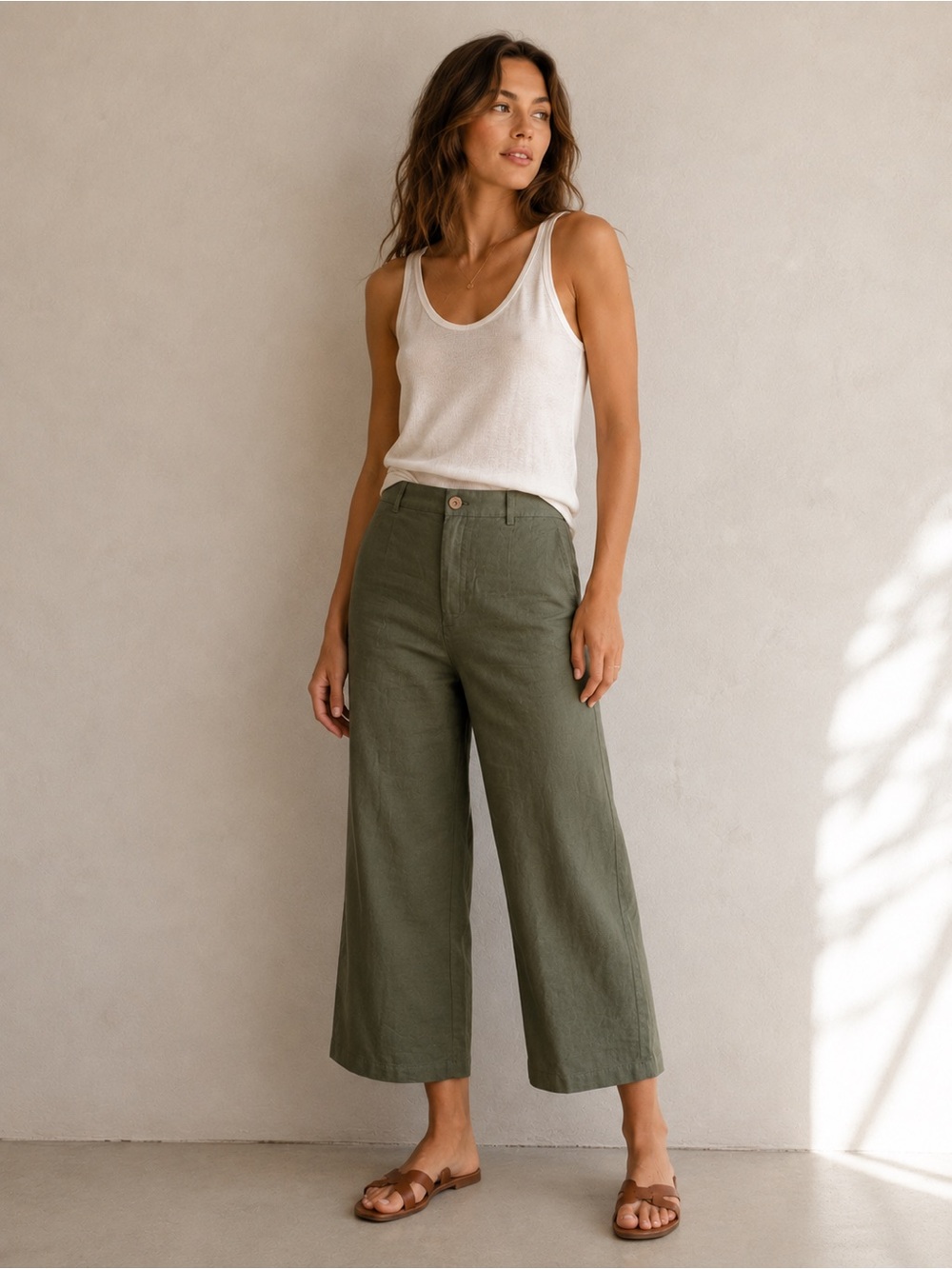 NWT Grae Cove Olive Green Linen Blend Wide Leg Crop Pants Stretch Waist Approx M